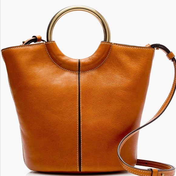 J. Crew Handbags - J.Crew Italian Leather Bucket Bag - Cognac Brown - Gold Ring Handles crossbody